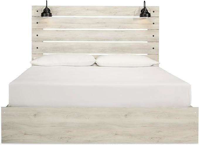 Signature Design by Ashley Cambeck Farmhouse King Panel Platform Bed with 4 Storage Drawers, Cubbies, Sconce Lights and USB Ports, Foundation or Box Spring Not Needed, Whitewash