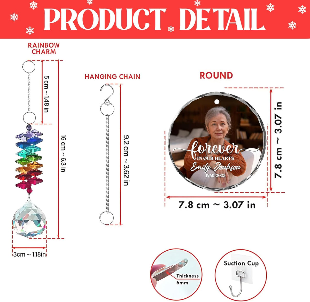 Personalized Memorial Suncatcher Ornament with Photo – Custom Glass Ornament with “Forever in Our Hearts” Quote – in Loving Memory Rainbow Crystal Keepsake – Loss of Loved One