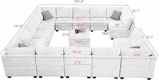 Wanderwell Oversized Modular Sectional Sofa, 16-Seater U Shaped Couches with Movable Ottoman,Corduroy Sectional Couch with Wide and Deep Seats Suitable for Living Room,Bedroom,Apartment (Cream, U-16)