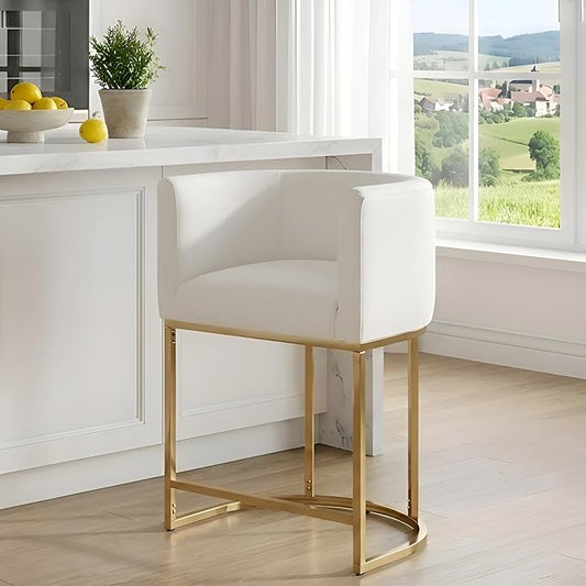 PU Leather Bar Stools, Modern Upholstered Counter Height Bar stools 24" Leather Barstools Barrel Kitchen Counter Island Stools with Golden Metal Base, White