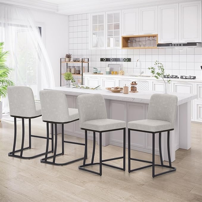 Sophia & William Light Grey Bar Stools Set of 4, Counter Height 24" Bar Stools with Back for Kitchen Island, Modern Faux Leather Bar Chairs