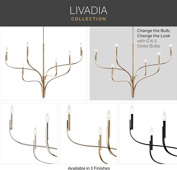 KICHLER Livadia 6-Light Chandelier, Soft Modern-Light in Champagne Bronze, for Foyer, Great Room, or Vaulted Dining or Bedroom (33" x 36.25"), 52673CPZ