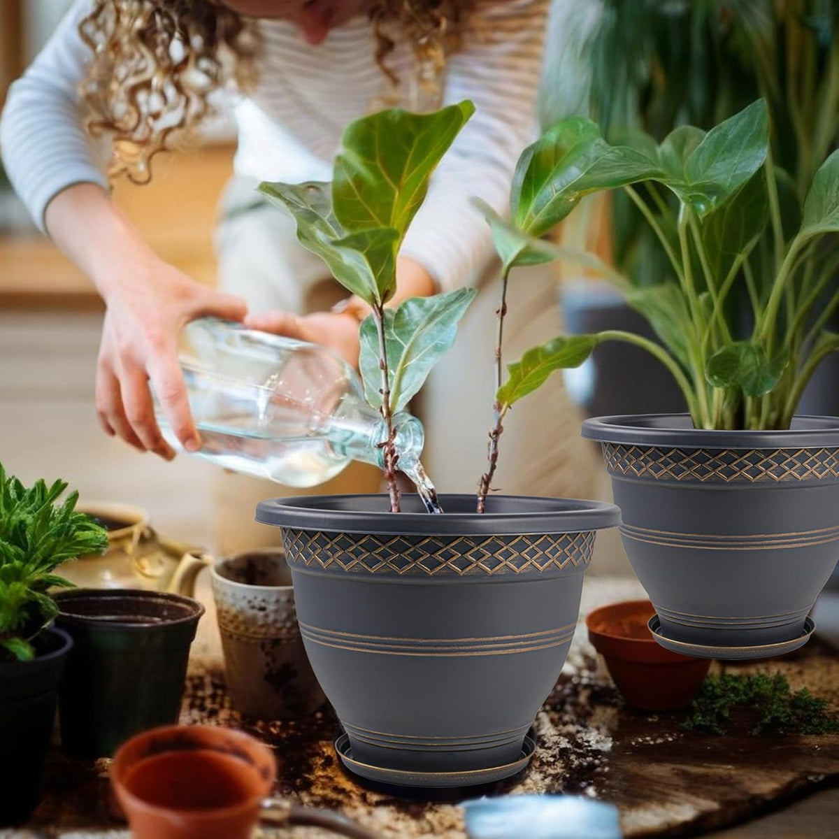 4 Pack 12 Inch Large Plant Pots, Plastic Flower Pot for Indoor & Outdoor with Drainage Holes & Saucer, Plaid Pattern Planters Garden Pots for Herbs