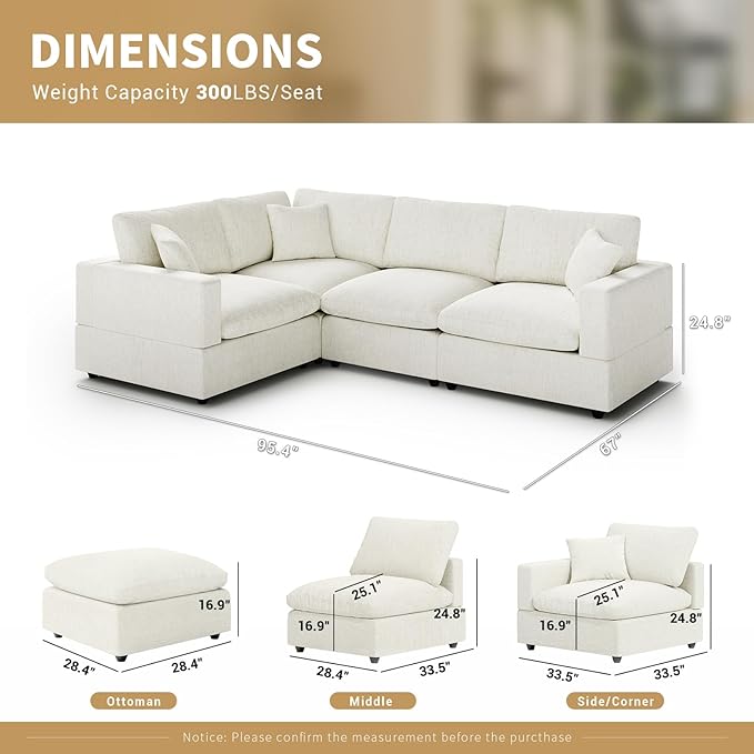 Modern Sectional Linen Couch for Living Room V-Shape Sofas,4 Seat Modular Cloud Sofas,Couches Cushion Covers Removable,Cozy Feather Down Sofa for Apartment Cream White