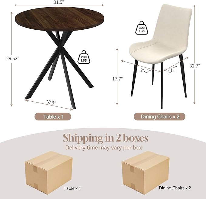31.5" Round Dining Table and Chairs Set for 2, Small Dining Table Chairs Set Space-Saving, Small Dinette Sets for 2 for Kitchen Dining Room Apartment(Walnut Table + Beige Chairs)