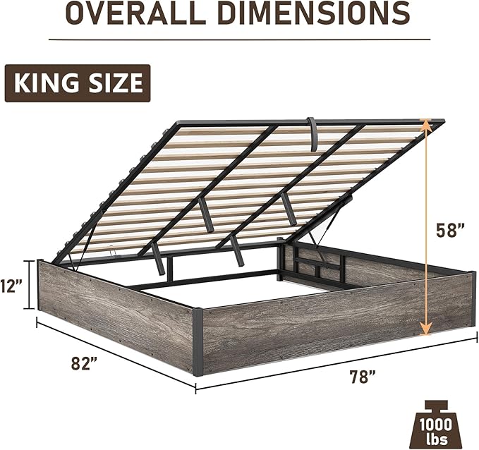 Lift Up Storage Bed Frame, King Size Wooden Platform Bed with Large Storage Underneath, No Box Spring Needed, Noise Free, Rustic Grey
