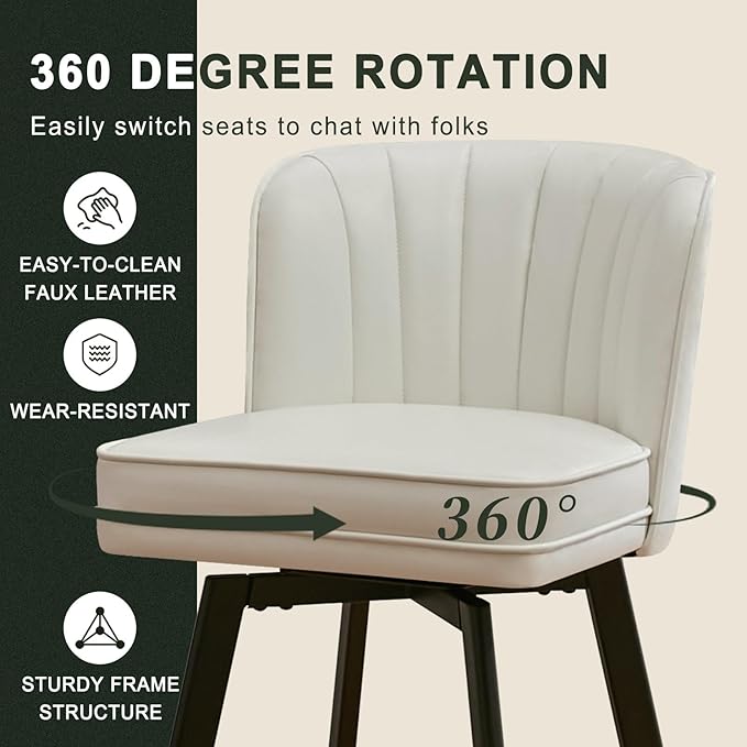 Swivel Counter Height Bar Stools Set of 3, 26'' Modern Barstools with Backs and Metal Legs, Upholstered Bar Chairs, Faux Leather White Stools for Kitchen Island Chairs