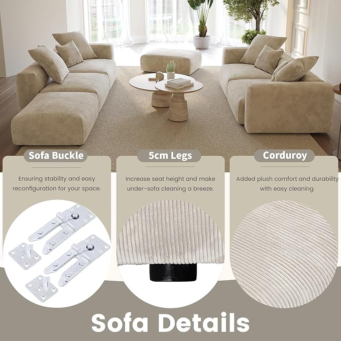 WJShome Oversized Modular Sectional Sofa Couch,4 Seater Corduroy 181.1" Convertible Sofa & Couch Free Combination for Living Room,Beige