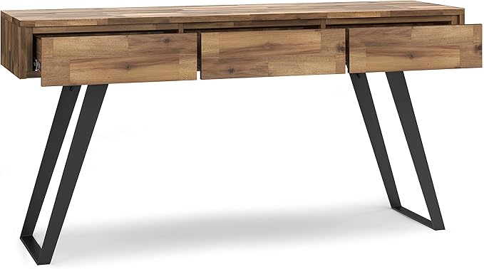 SIMPLIHOME Lowry SOLID ACACIA WOOD and Metal 60 Inch Wide Modern Industrial Console Sofa Table in Distressed Golden Wheat, For the Living Room, Entryway and Bedroom