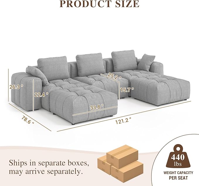 Cloud Sectional Couches, Comfort Linen U-Shape Modular Sofas with Wide Deep Seat, Down Filled Modern Upholstered Sofa Couch for Living Room, Apartment,Grey