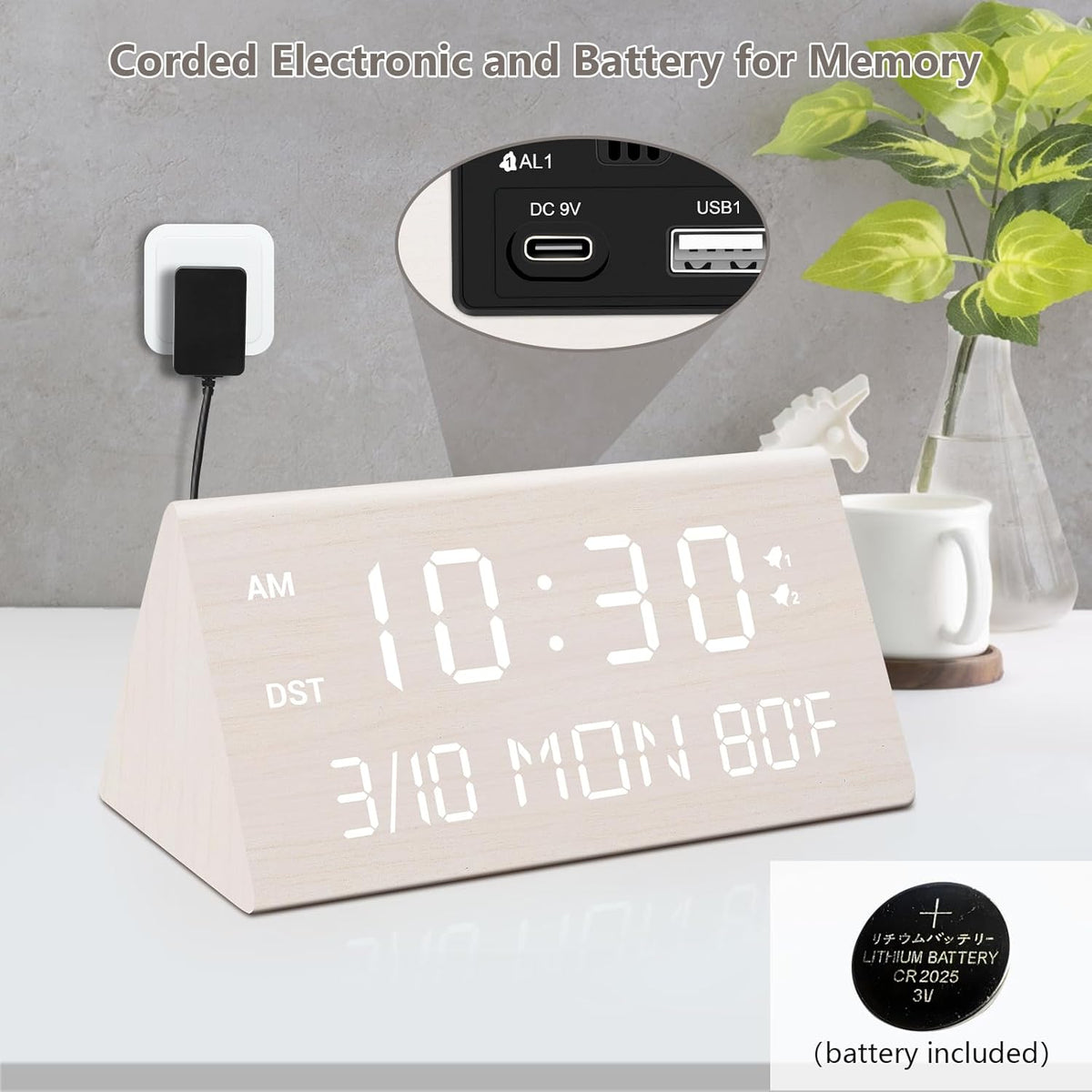 Kogonee Wooden Digital Alarm Clock, 0-100% Dimmer, 2 Alarm Settings, Weekday/Everyday Mode, 9 Mins Snooze, 12/24H, Temperature and Date Display for Office, Travel, Bedroom Alarm Clock (White)
