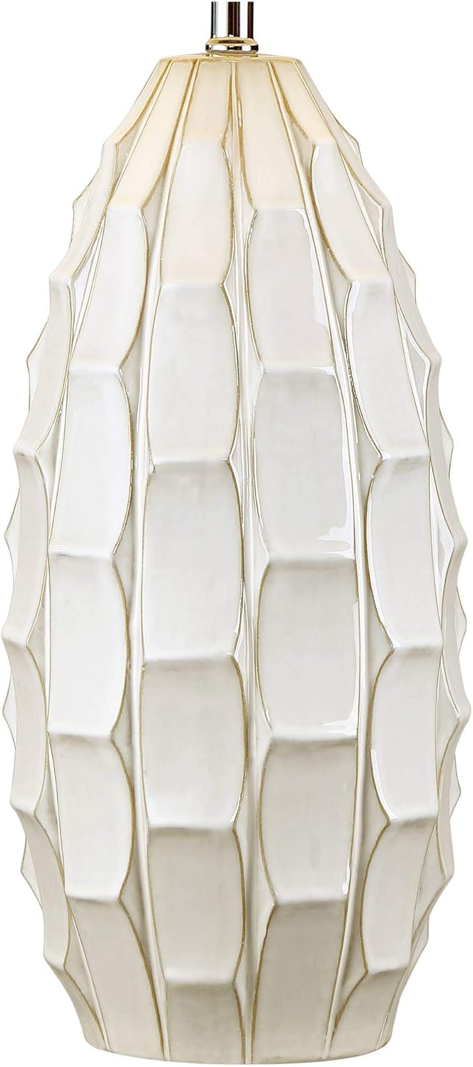 Possini Euro Design Cosgrove Mid Century Modern Coastal 3-Way Table Lamp with Table Top Dimmer 32.75" Tall White Glazed Ceramic Beige Fabric Drum Shade for Living Room Bedroom House (Colors May