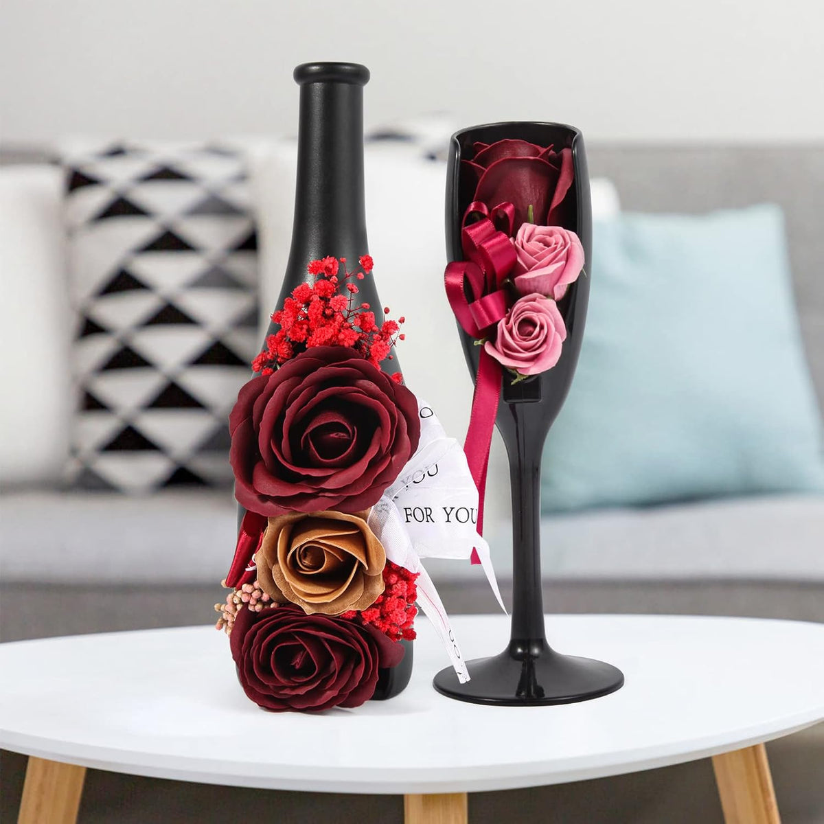 Valentines Day Gift Red Rose Fake Flowers Wine Bottle Vase Rose Glass Artificial Flowers for Home Table Decor Office Decoration Preserved Rose Flowers For Her Womens Valentines Decoration Set of 2