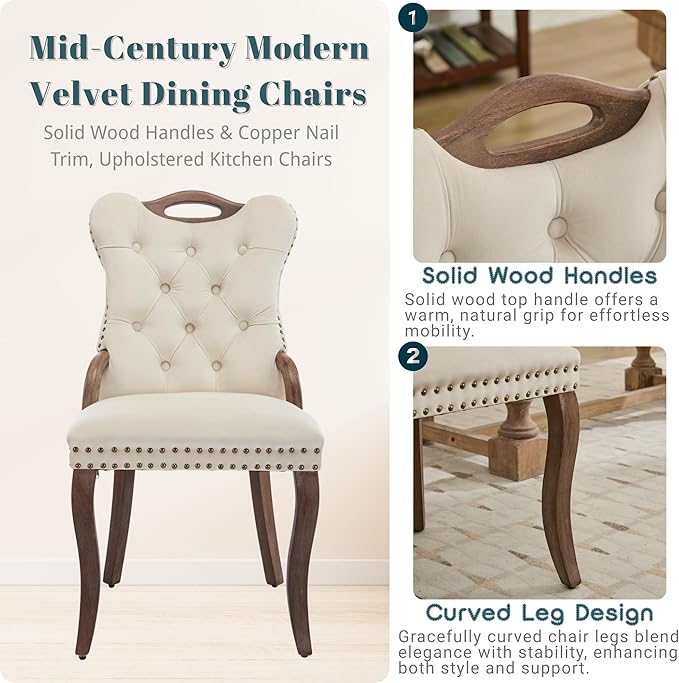 Velvet Dining Chairs Set of 4, Solid Wood Handles, Wooden Upholstered Dining Chair, Vintage Copper Nail Decoration, Mid Century Modern Kitchen Chair (Beige, Set of 4)