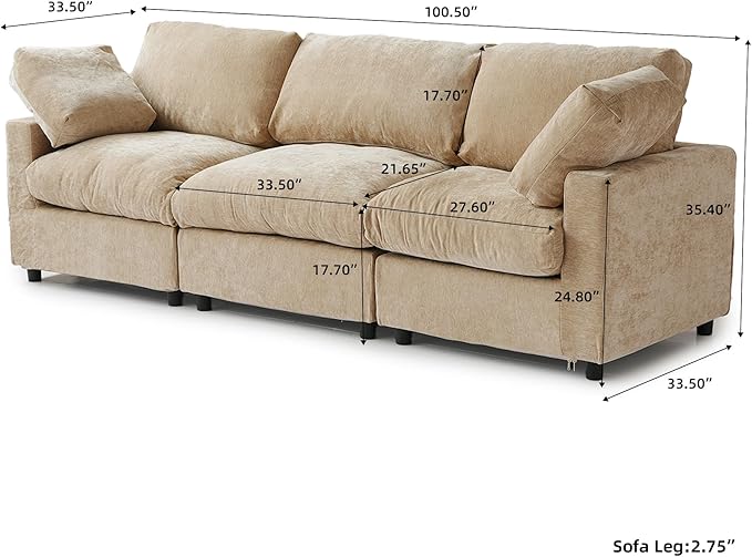 WJShome Modern Sectional Couches for Living Room,100 Inch 3-Seater Chenille Deep Seat Modular Sofa, Cloud Couch for Bedroom and Apartment，Khaki