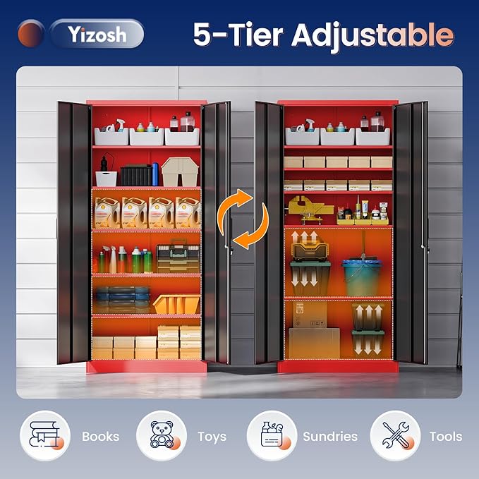 Yizosh Metal Storage Cabinet with Lock Doors and 5 Adjustable Shelves,- 72" Garage Storage Cabinet for Home,Office,Garage,School