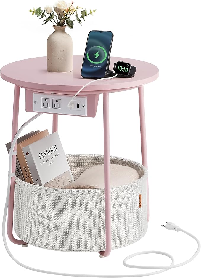 VASAGLE LILEA Collection - Side Table with Charging Station, Round End Table with Fabric Basket, Nightstand with USB Ports, for Living Room, Bedroom, Modern, Jelly Pink and Cream White ULET228R01