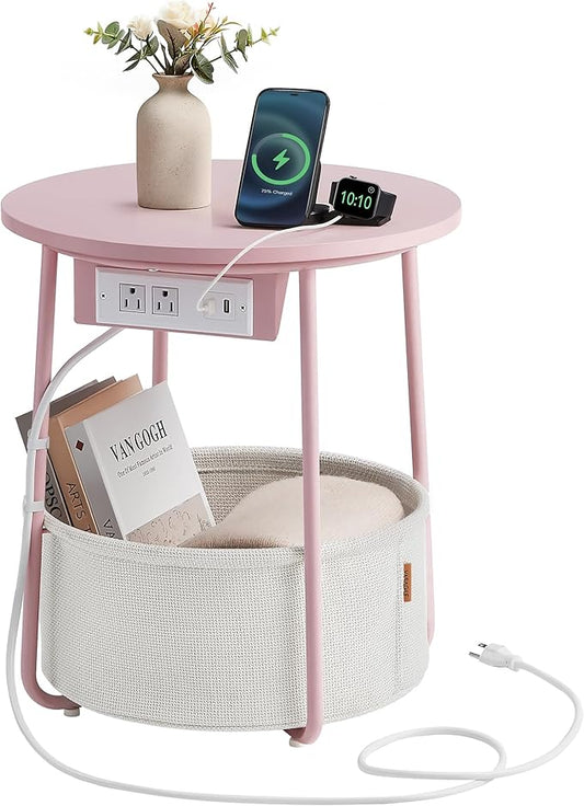 VASAGLE LILEA Collection - Side Table with Charging Station, Round End Table with Fabric Basket, Nightstand with USB Ports, for Living Room, Bedroom, Modern, Jelly Pink and Cream White ULET228R01