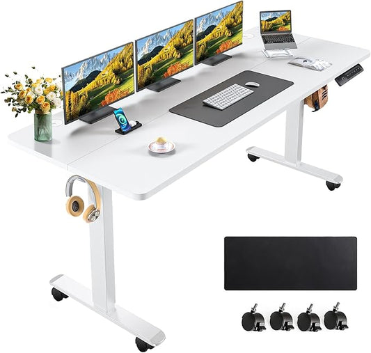 farexon Electric Standing Desk Adjustable Height, 63x24 Inches Computer Desk with Rolling Wheels, Mouse Pad,Multifunctional Stand up Desk for Home/Office(White)