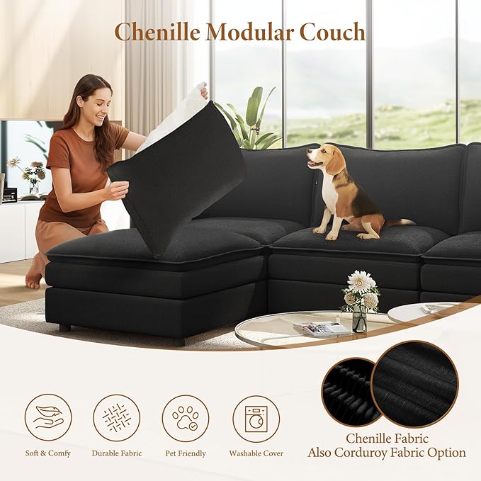 Vesgantti 108" Sectional Sleeper Sofa, 6-Seater Oversized Modular Cloud Couch with Movable Ottoman, Chenille Large Sofa Bed Convertible Deep Seat Couches for Living Room, Bedroom and Apartment, Black
