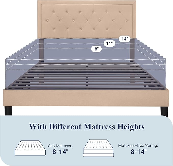 Allewie Full Size Button Tufted/Fabric Upholstered Bed Frame with Adjustable Headboard/Wood Slat Support/Mattress Foundation/Beige