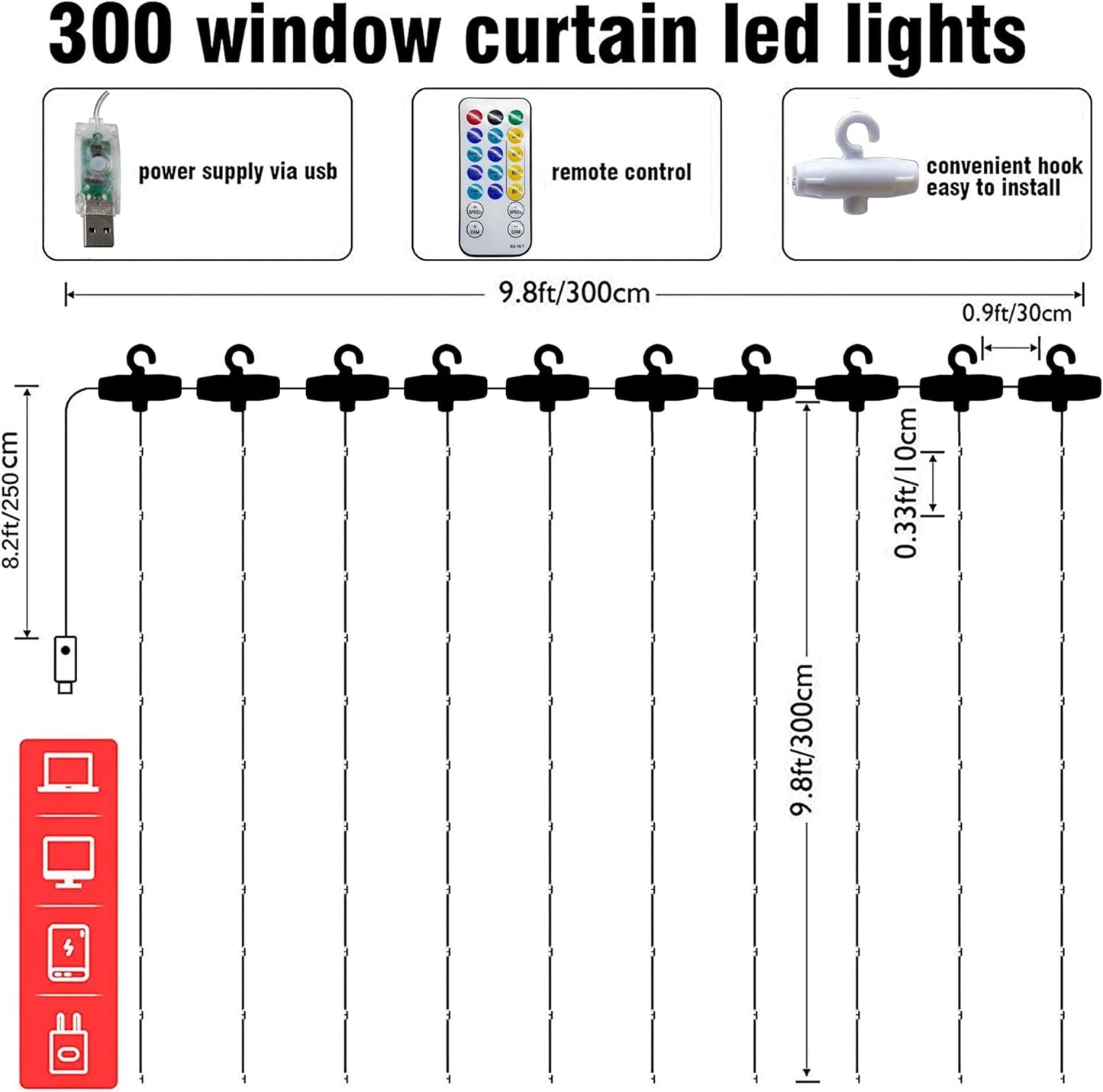 Dazzle Bright Curtain String Lights, 300 LED 9.8ft x 9.8ft 8 Lighting Modes Fairy Lights USB Powered, Waterproof Lights for Halloween Christmas Party Wedding Outdoor Indoor Wall Decorations (Purple)
