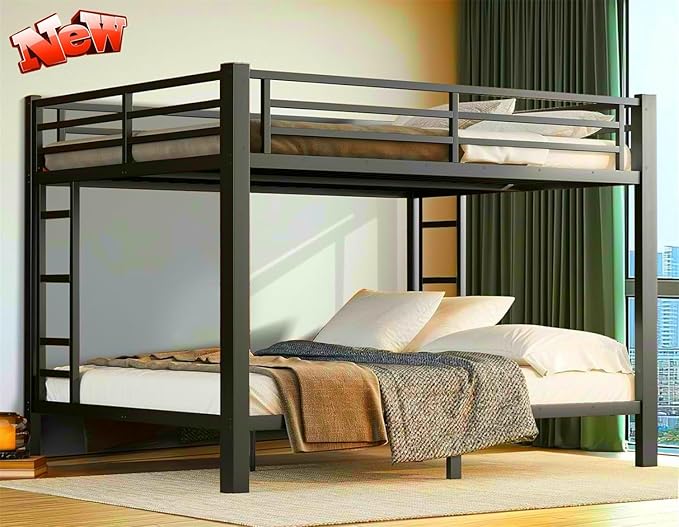 Higher Quality & Stronger Heavy Duty Industrial Style Metal Queen Over Queen Bunk Bed, Thickened More Stable Black Steel Bunkbed (Easier to Assemble)
