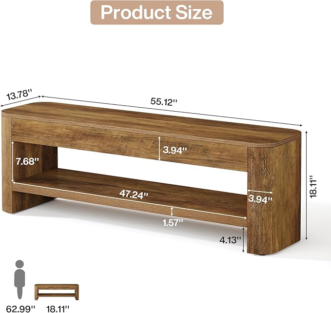Tribesigns Farmhouse Entryway Bench, 53.5" Wood End of Bed Bench with Shoe Storage, 2-Tier Narrow Indoor Bench for Entryway, Bedroom, Hallway