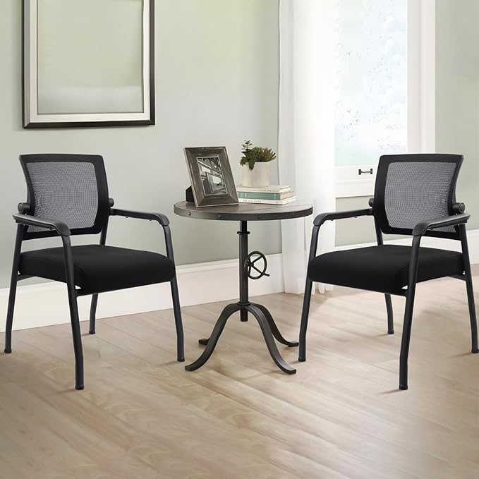 Office Guest Chairs No Wheels | Ergonomic Lumbar Support and Thicked Seats Cushion, Desk Chair with Adjustable Mesh Back for Waiting Room School Church Reception，Black 2PK