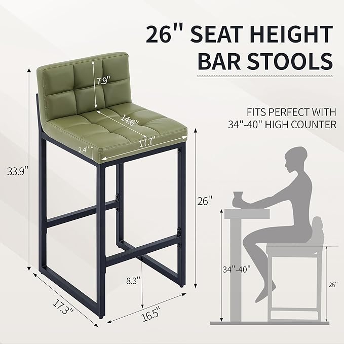 Counter Height Bar Stools Set of 2, Modern Faux Leather Counter Stools with Low Back and Footrest, Upholstered Bar Chairs for Kitchen Island, Bar, Counter (Avocado Green, 2Pcs 26" Bar Stools)