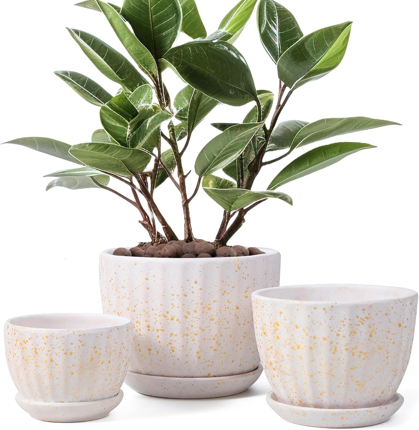 Ceramic Plant Pots with Drainage Holes and Saucers, Round Flower Pots for Indoor Plant, Diameter 3.3/4.3/5.5 Inches Small Flower Planters Set of 3
