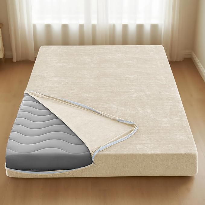 H.VERSAILTEX Queen Size Armless Futon Mattress Covers for Traditional Japanese Futon Mattress Soft Chenille Couch Slipcovers Floor Mats Sofa Protector Zippered Sleeper Sofa Cover,Beige