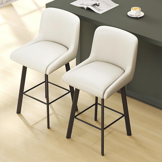 Swivel Bar Stools, 26''H Upholstered Barstools with Backs, Modern Counter Height Bar Stool Chairs for Kitchen Island, Metal Legs (Beige- Faux Leather, Set of 2-26" H)