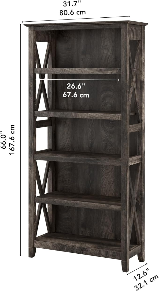 Bush Furniture Tall 5 Shelf Bookcase for Living Room or Home Office, Large Bookshelf, Modern Farmhouse Style, Key West Collection, Dark Gray Hickory