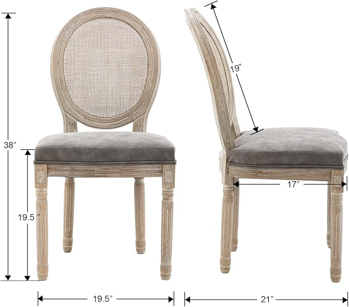 Farmhouse Leather Dining Room Chairs Set of 4 French Dining Chairs with Round Rattan Back French Bistro Chairs for Dining Room/Living Room/Kitchen/Restaurant, Grey