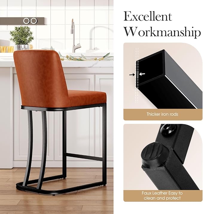 Sophia & William Bar Stools Set of 3,Counter Height 24" Bar Stools with Back,Modern Faux Leather Bar Chairs for Kitchen Island,Brown