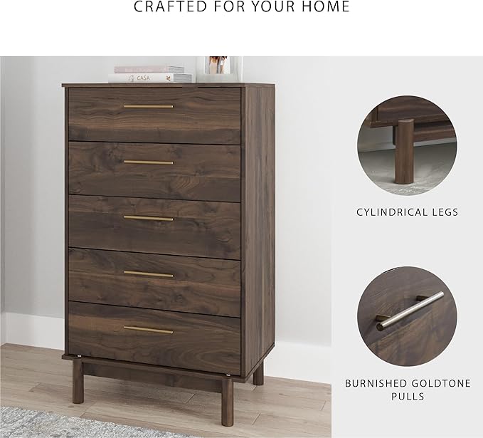 Signature Design by Ashley Calverson Contemporary 5 Drawer Chest of Smooth-Gliding Drawers and Safety Stop, Dark Brown