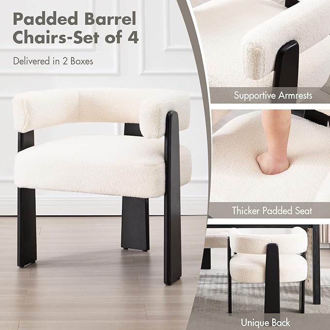 Modern Boho Dining Chairs Set of 4, White Boucle Upholstered Barrel Armchairs with Plush Teddy Fabric, Solid Black Wooden Legs, Mid-Century Accent Chairs for Dining Room, Living Room, Kitchen