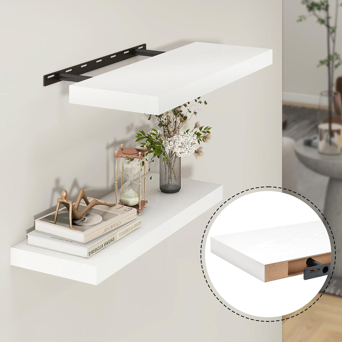 Heimlove 24 inch Floating Shelves for Wall,9.3 inch deep White Wood Shelves with Invisible Brackets,Wall Mounted Storage & Display Shelves for Bedroom,Living Room,Set of 2