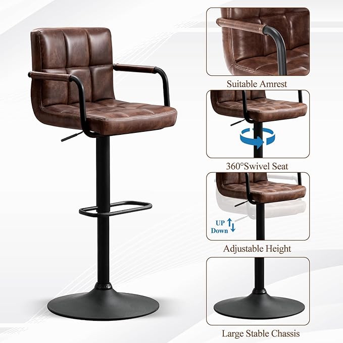 Furniliving Swivel Bar Stools Set of 4, Adjustable Kitchen Counter Height BarStools with Arms, PU Leather Upholstered Bar Chair with Back and Footrest for Dining Room, Kitchen, Pub, Bar (Darkbrown)