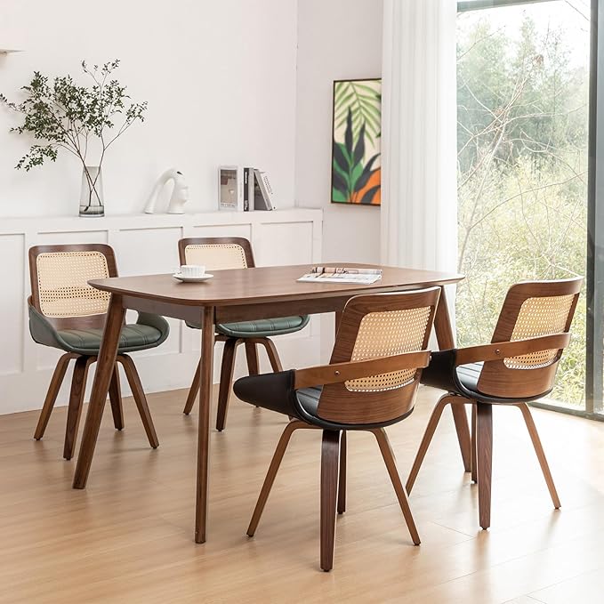 Set of 4 Kitchen & Dining Room Chairs - Swivel Dining Chairs with Cane Back, Walnut Bentwood Frame, Faux Leather Seat, Arms, Versatile for Conference/Kitchen/Restaurant/Living Room (Walnut Black)