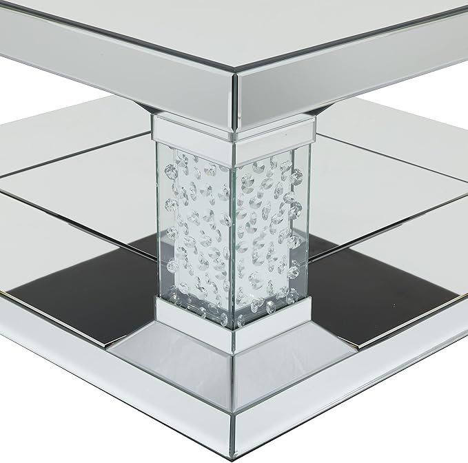 Deco 79 Wood Mirrored Coffee Table with Crystal Embellishments, 39" x 39" x 18", Silver