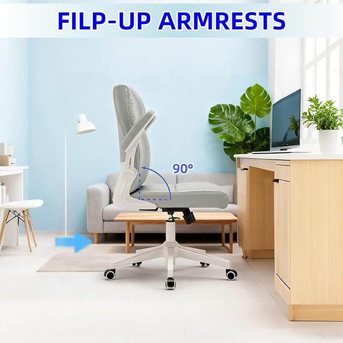 Ergonomic Home Office Desk Chair with Space Saving Flip-Up Arms, 360° Swivel & Reclining Back, High-Back Executive Chair in Soft Faux Leather Chair Multi-Angle from 90° to 135°（Gray）