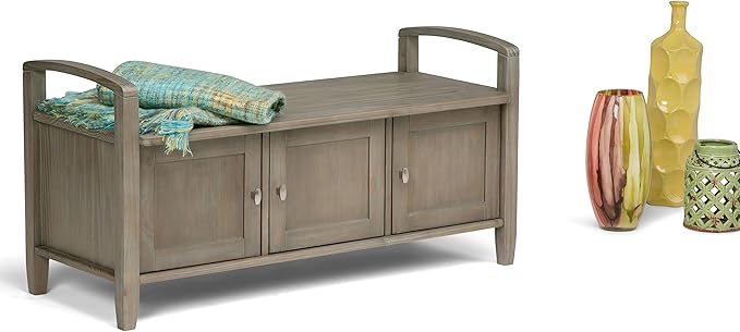 SIMPLIHOME Warm Shaker Entryway Storage Bench - 44 inch Wide Solid Wood Storage Seat in Distressed Grey, Transitional Bench Seat for Mudroom or Living Room with Lift-Up Lid and Shaker-Style Panels