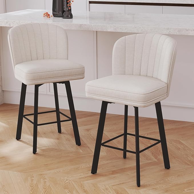Swivel Counter Height Bar Stools Set of 6, 26'' Modern Barstools with Backs and Metal Legs, Upholstered Bar Chairs, Beige, Fabric Stools for Kitchen Island Chairs