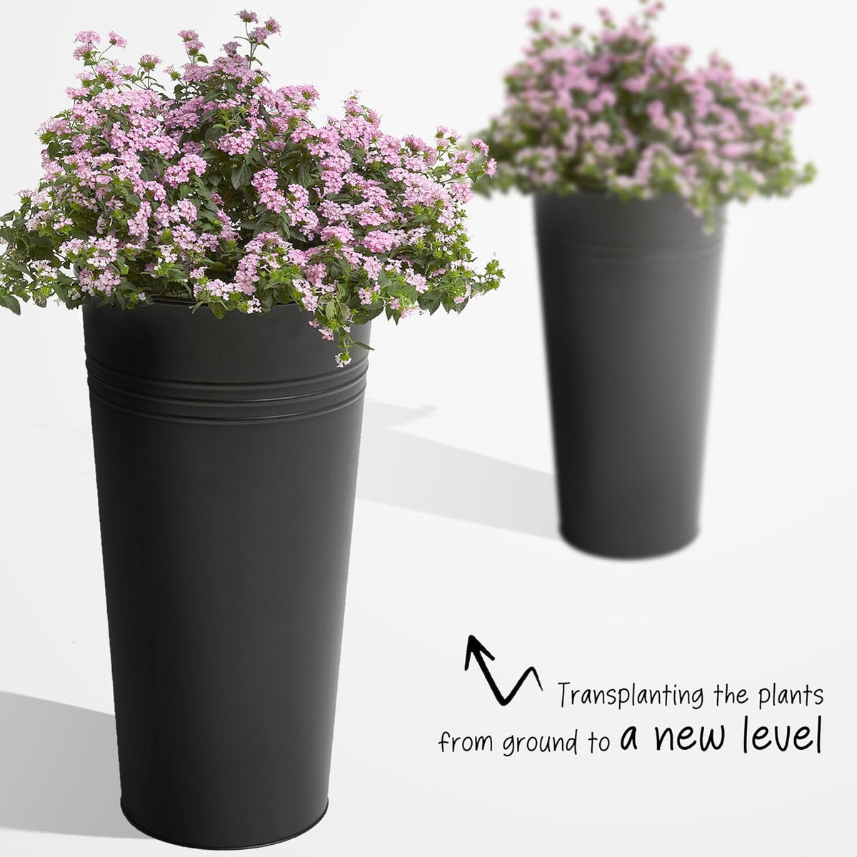 KOL 22''H 2-Pack Planter with Water Level Indicator - Galvanized Steel Pot - Self Watering Planters Flower Pot for Plant - Inner Pot Design - Round Metal Planter Box - Indoor Outdoor Planting - Black