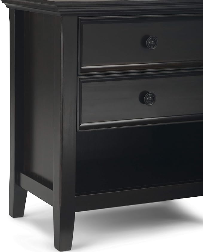 SIMPLIHOME Amherst Bedside Table - 24 inch Wide Solid Wood Nightstand Table in Hickory Brown, Transitional Bedroom Side or End Table with 2 Drawers, Open Storage Shelf and Bronze Hardware