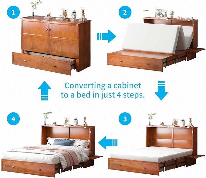 Mjkone Murphy Bed Queen Cabinet Bed with Tri-fold Mattress and Built-in USB Charging & 2 Drawers & Bedside Panel, Hidden Guest Beds, Murphy Cube Chest Cabinet Beds for Bedroom/Apartment - Cherry