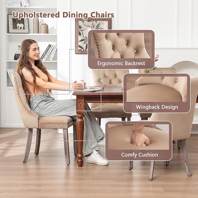 Velvet Dining Chairs Set of 6, Upholstered Dining Room Chairs with Nailhead Ring Pull Trim, Button Tufted Wing Back Chairs for Dining with Solid Wood Legs for Kitchen Dining Room(Khaki)