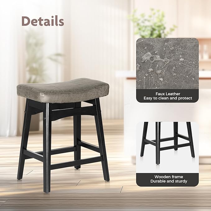 ALPHA HOME Bar Stools Set of 2, Solid Wood Saddle Kitchen Stools with Grey PU Leather Cushion Counter Height Barstools with Wooden Base for Kitchen Dining Cafe, 24 Inch, Grey, 2PCS